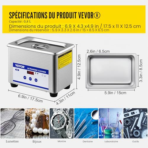 Thumbnail 6 de VEVOR Nettoyeur à Ultrasons 0,8 L – Nettoyage professionnel sans chauffage pour bijoux, pièces et lunettes