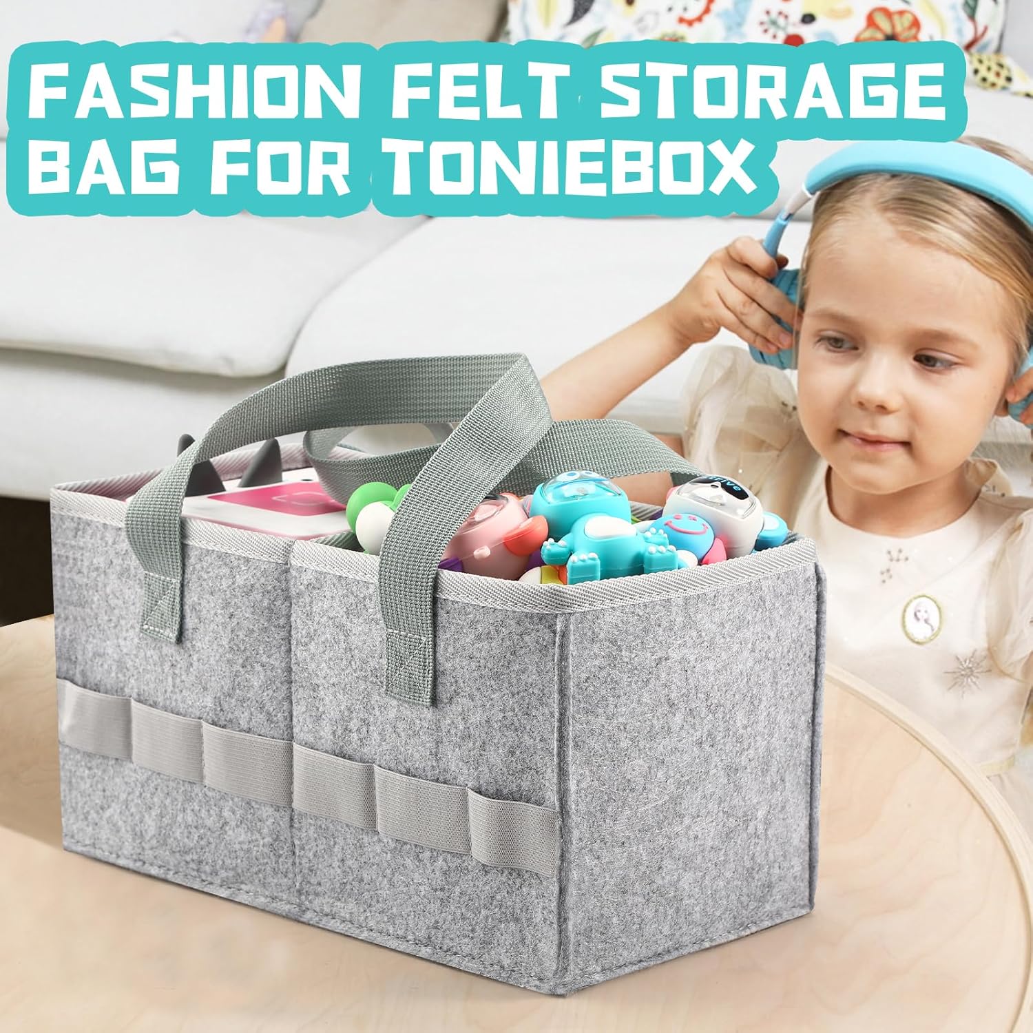 Detalle de Piaclen Carrying Case for Toniebox Audio Player & Figurines Starter Set (Felt Organizer Bag) — Grey
