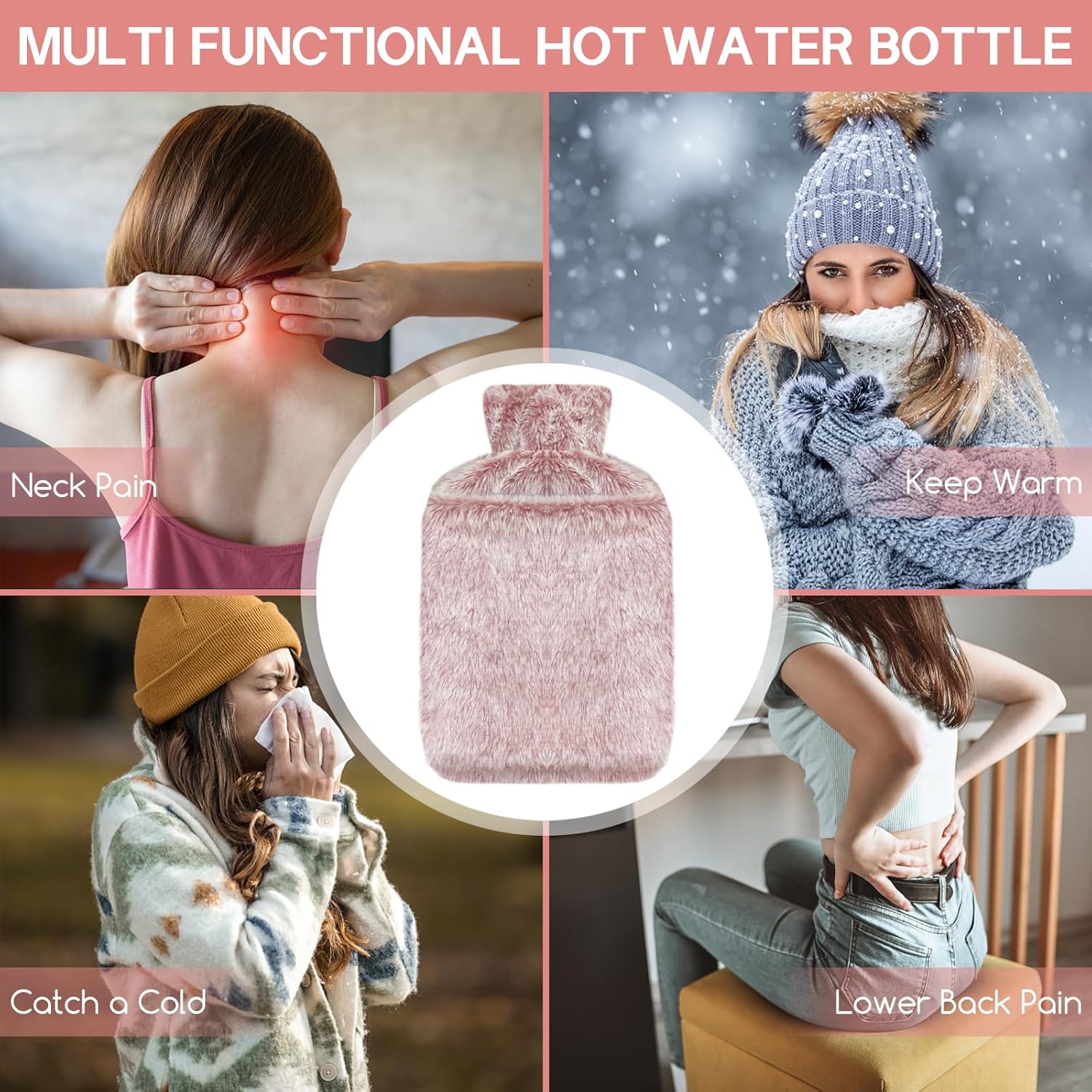 Thumbnail 6 de Jsdoin 2L Hot Water Bottle with Luxury Faux Fur Cover (Pink) – leakproof warm-up for neck, shoulders and feet