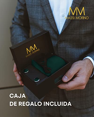 Detalle de Massi Morino Corbata Verde Oscuro + Pañuelo a Juego 5 en 1 – Set Hombre para Boda