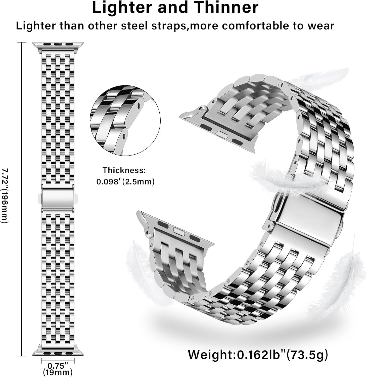 Detalle de Tasikar stainless steel metal watch strap for Apple Watch (42mm/41mm/40mm/38mm) – Silver