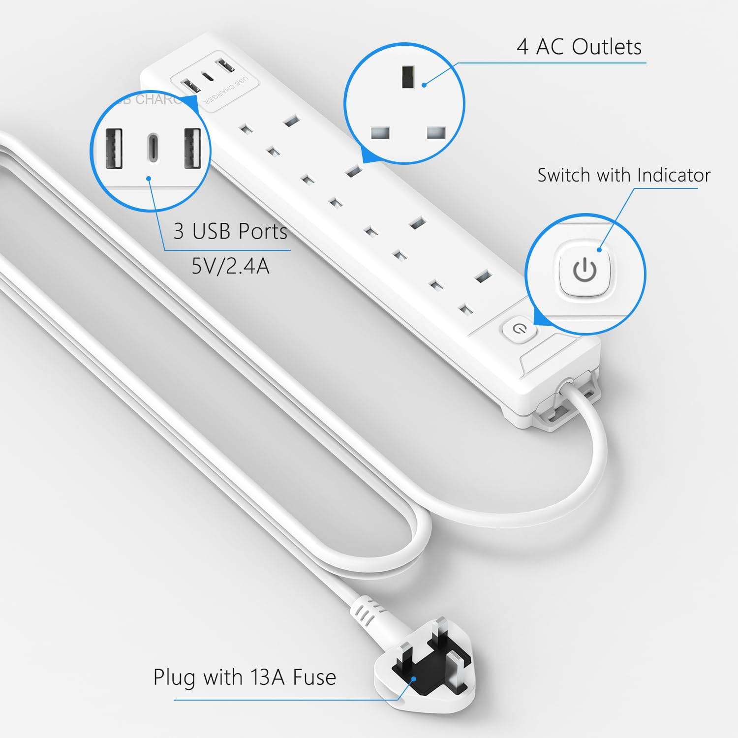 Thumbnail 1 de Mscien 2m Extension Lead with USB Slots – 4-way 3 USB extension socket with wall mounting