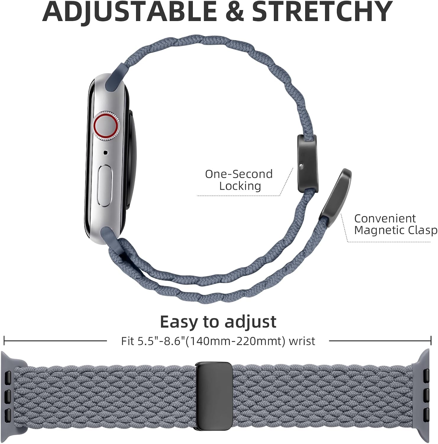 Detalle de Maledan braided nylon strap with adjustable magnetic clasp for Apple Watch 41mm–49mm