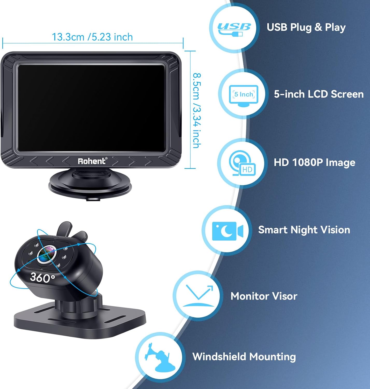 Thumbnail 1 de Rohent Baby Car Camera 5-inch HD 1080P monitor with night vision (USB powered, rear & forward-facing)