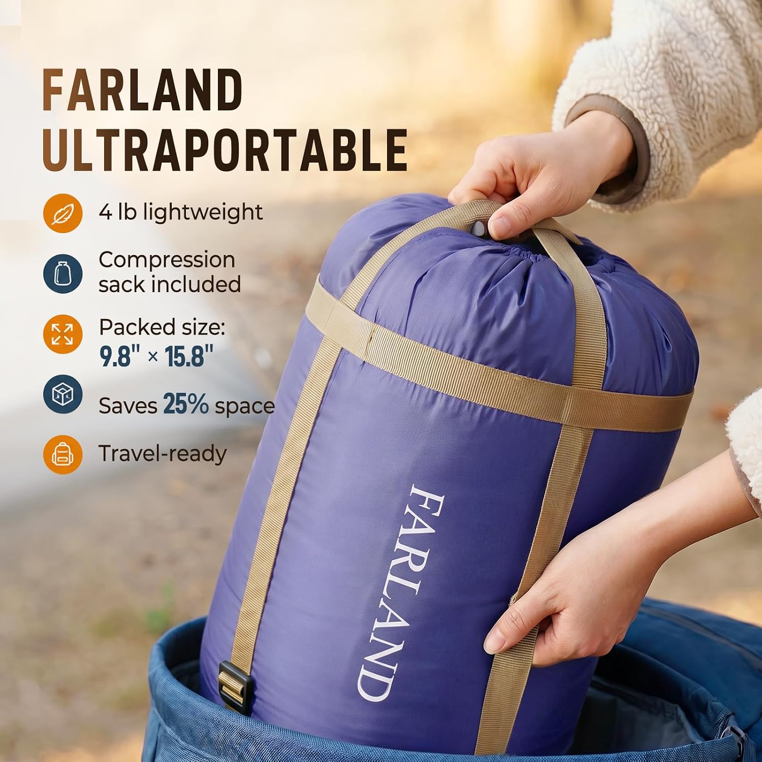 Detalle de FARLAND 3-Season Sleeping Bag, Purple, Water-Resistant Shell and Compression Sack