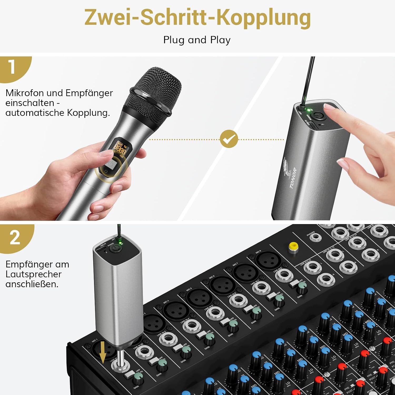 Thumbnail 3 de TONOR TW620 Kabellos Mikrofon-Set – UHF-Handmikrofon mit 60 m Reichweite, 6,35 mm Klinke, Grau