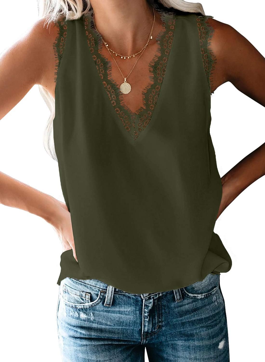 Detalle de Dokotoo Women's V-Neck Sleeveless Lace Trim Tank Top