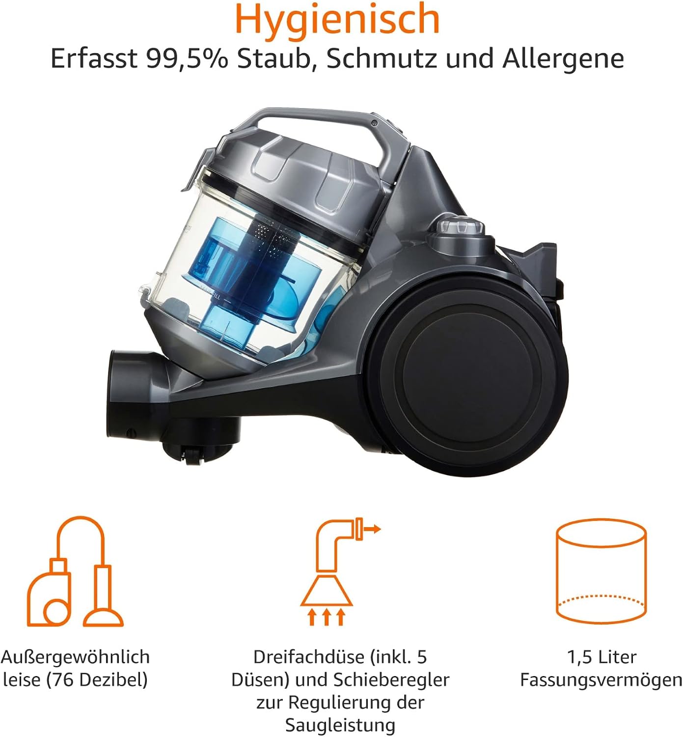 Detalle de Amazon Basics Zylinder-Staubsauger: leistungsstark, kompakt und beutellos