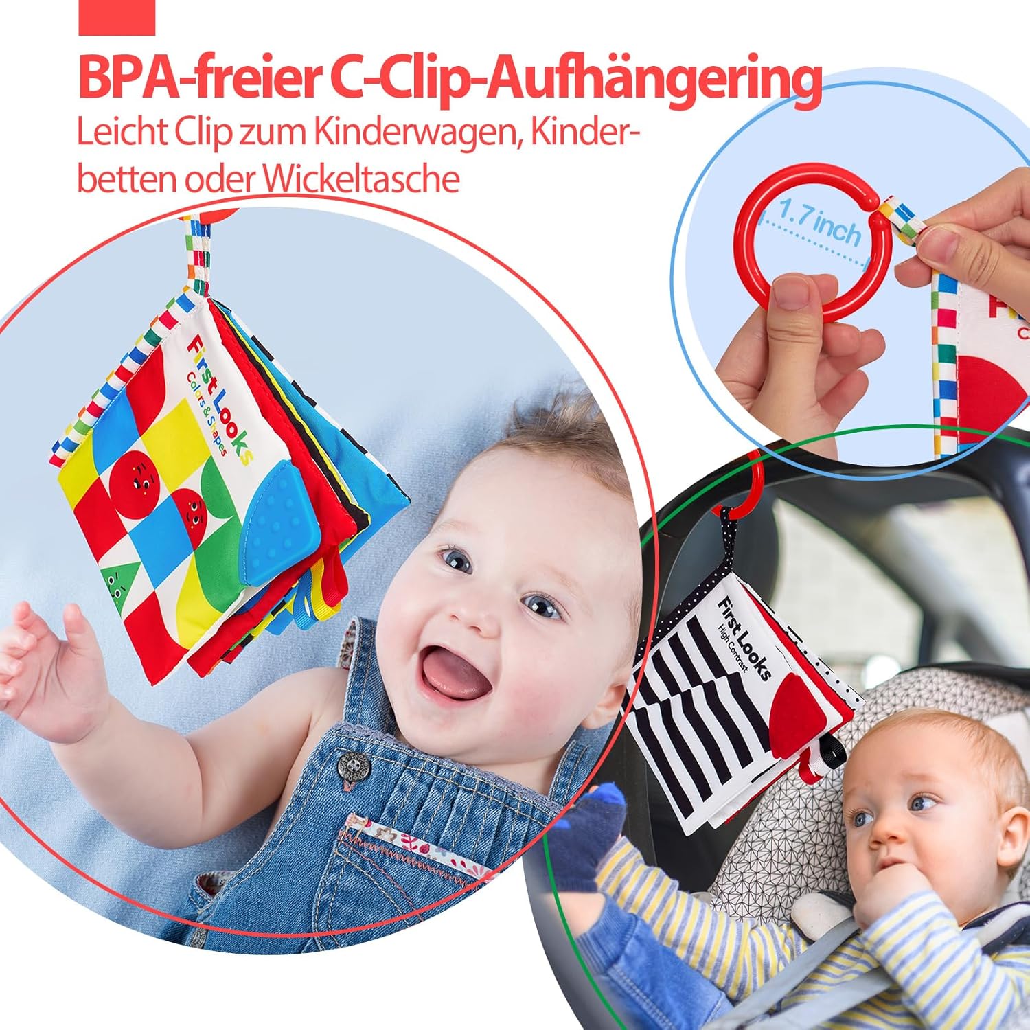 Detalle de hahaland Kontrastkarten Baby Stoffbuch Set (2-teilig) Schwarz-Weiß mit Spiegel, für 0–3/6 Monate