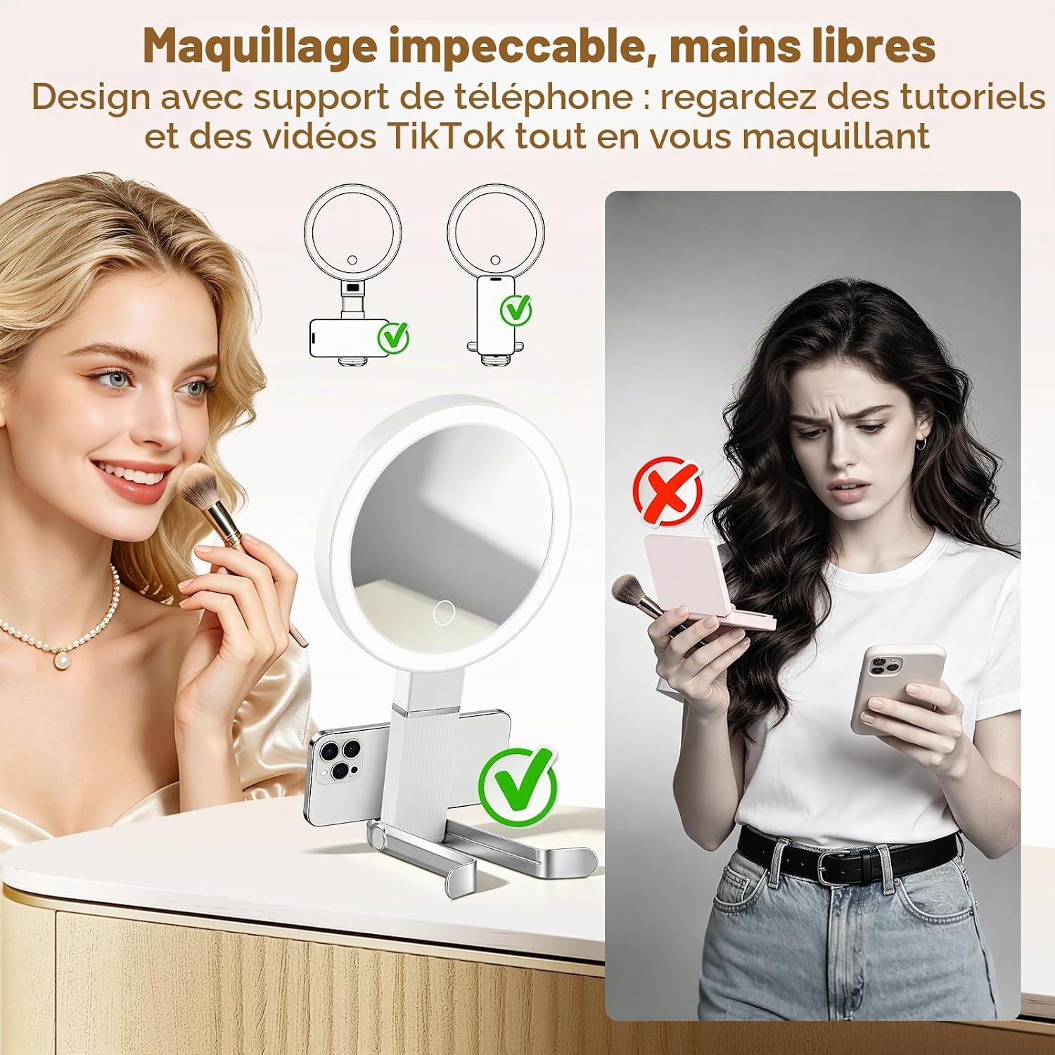Detalle 2 de Miroir de voyage grossissant 30x avec lumière LED – compact, rechargeable et portable