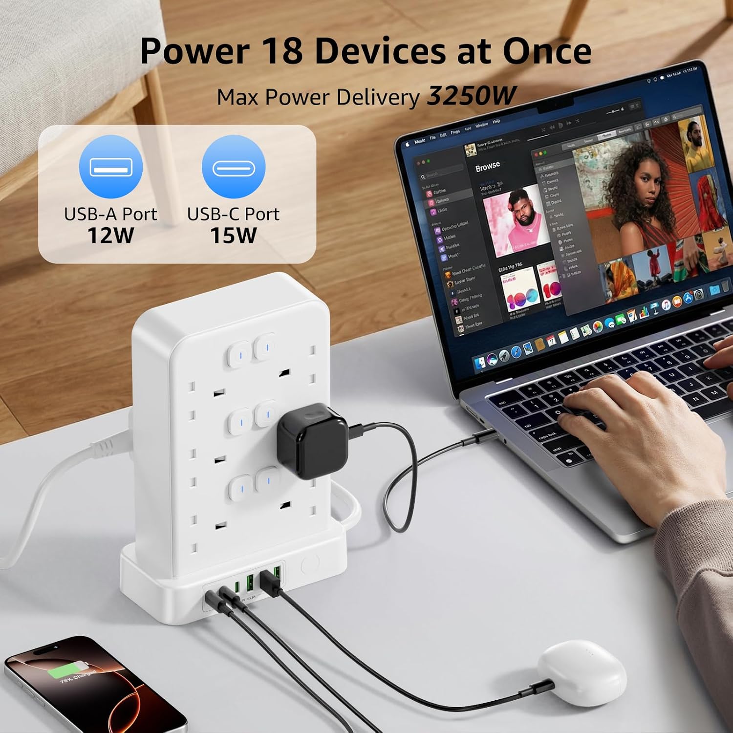 Thumbnail 2 de Tower Extension Lead with USB Slots: 12-Way, 2m UK Power Strip