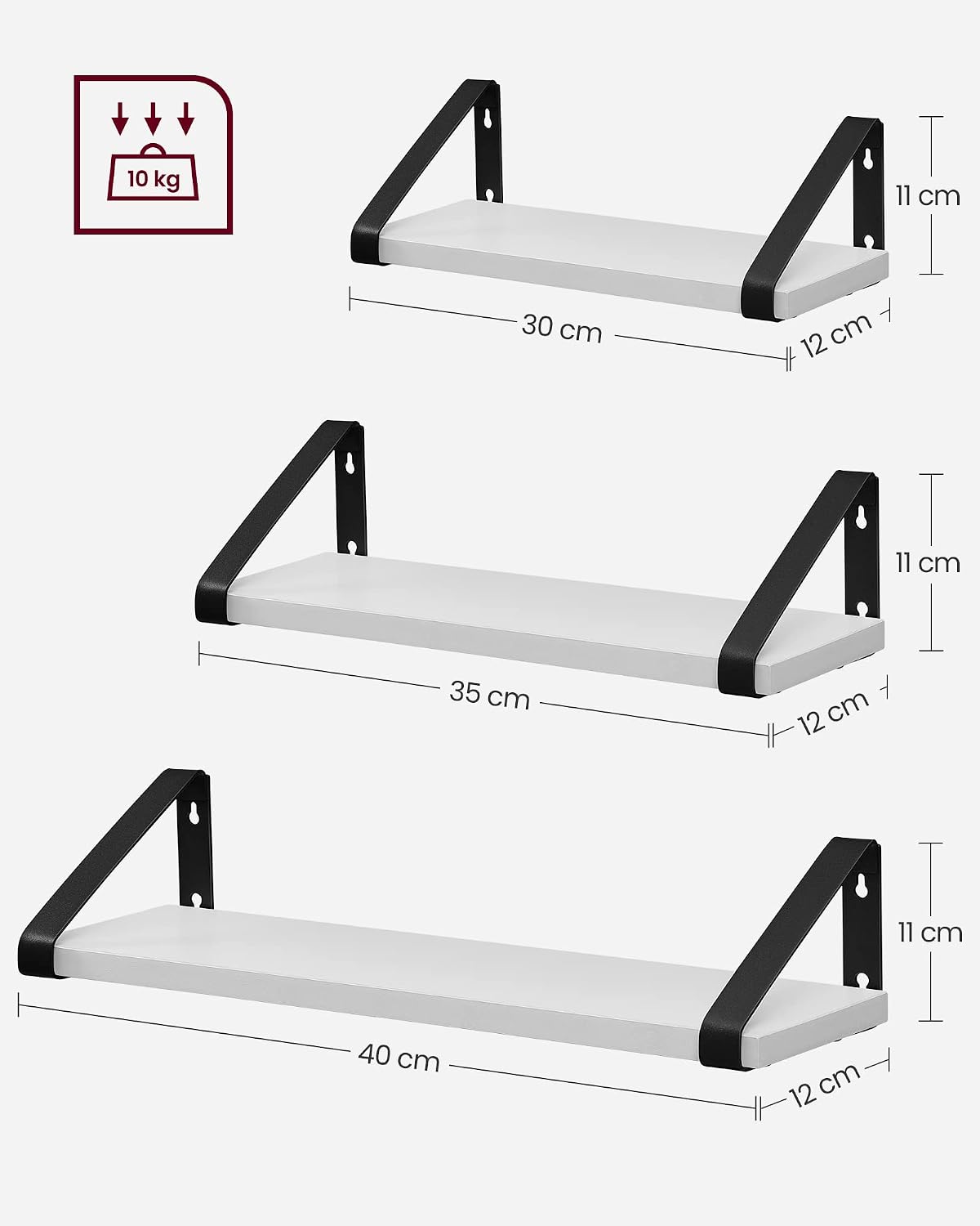 Detalle de VASAGLE LWS033B14 Floating Wall Shelves, Set of 3, White and Matte Black