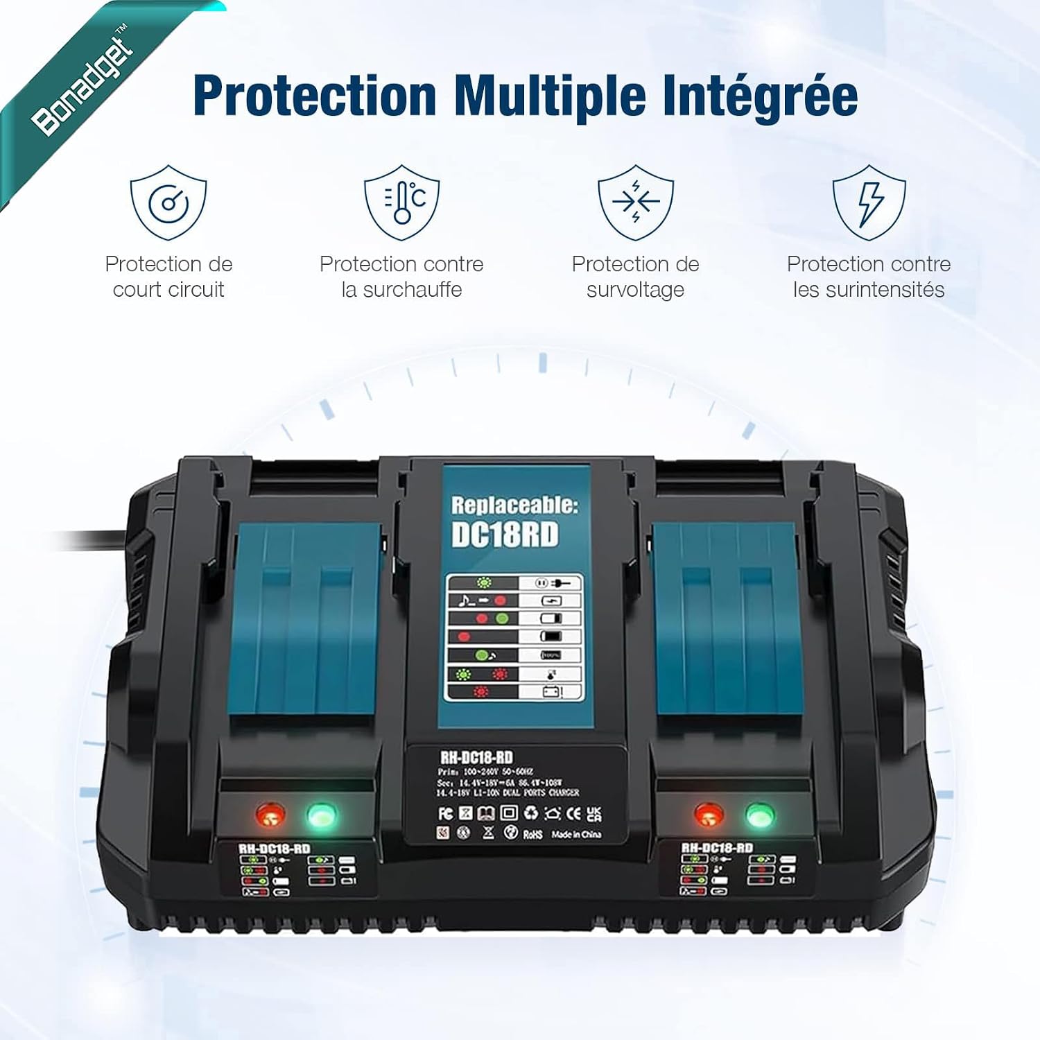 Detalle 2 de Bonadget 6A Dual Fast Battery Charger for Makita 14.4V–18V LXT (UK 3‑pin) DC18RD-style