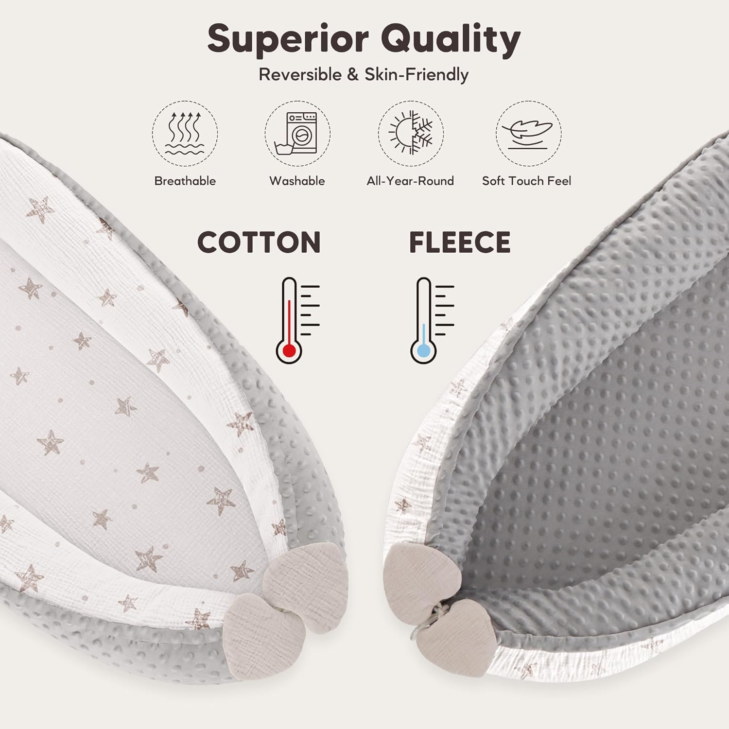 Detalle de Bearmoss Baby Nest Pod for Newborn (Cream Star) – breathable cotton baby lounger for home & travel