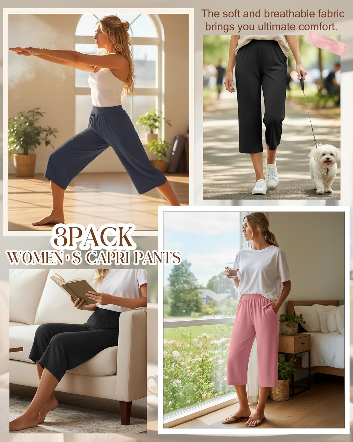 Detalle 2 de Huukeay 3 Pack Women's Capri Sweatpants: Cozy Wide-Leg Cropped Capris with Pockets