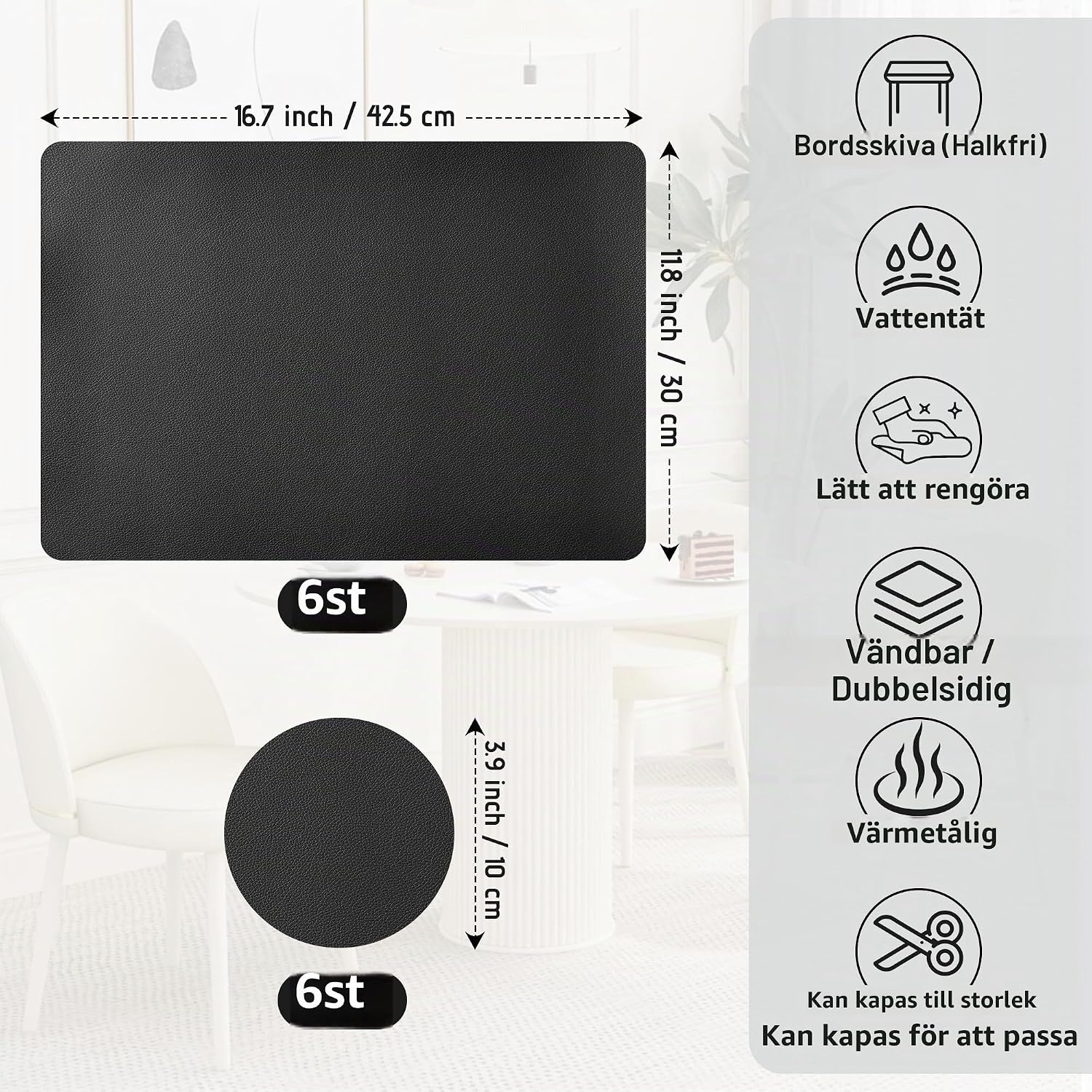 Detalle 2 de KUOGAS bordstabletter i konstläder, 12 delar, vändbara och gråsvarta