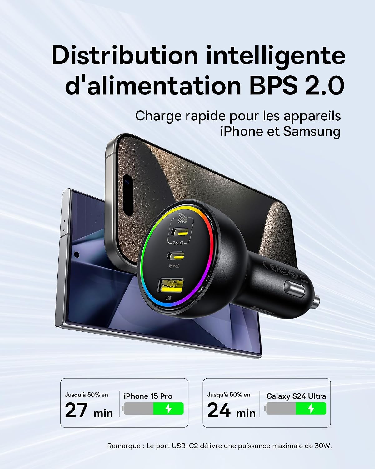 Detalle de Baseus 152,5W Allume-Cigare USB-C à 3 Ports RGB et câble 100W – Charge rapide pour MacBook, iPhone et plus