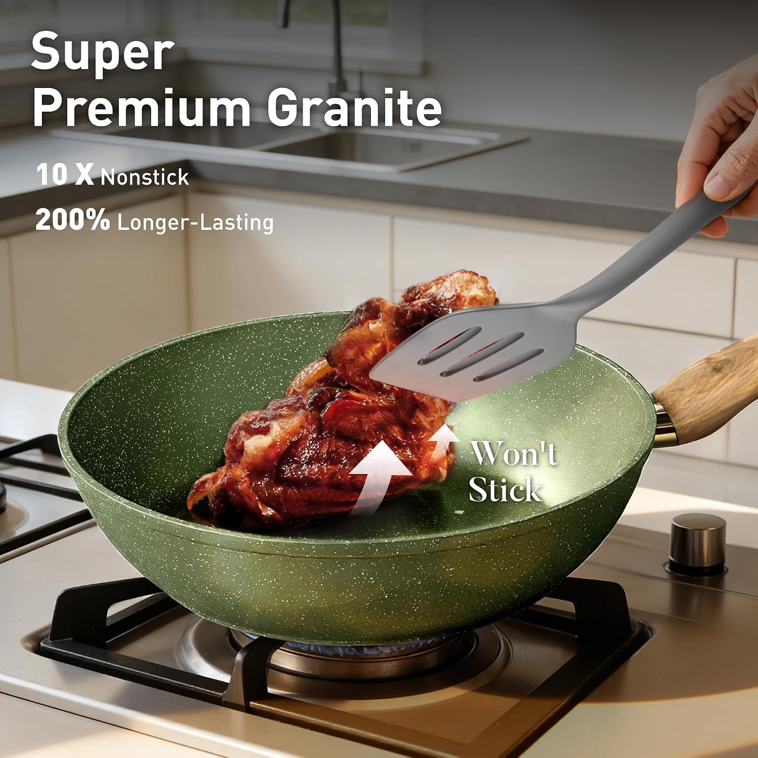 Detalle 2 de DishDelight Induction Pots and Pans Set (Nonstick Granite, 12-Piece) in Green