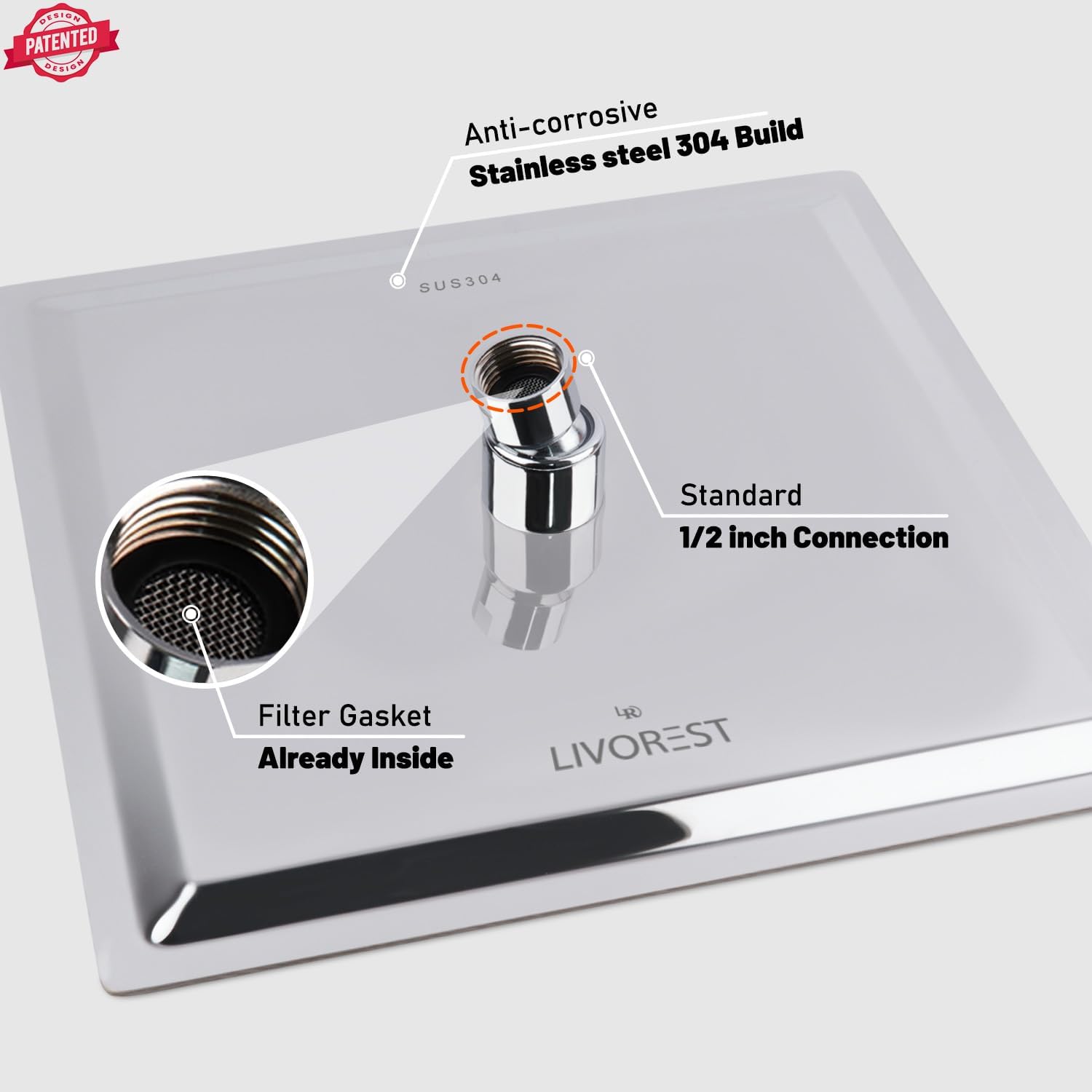 Detalle 2 de LIVOREST Square Rainfall Shower Head 10 inch