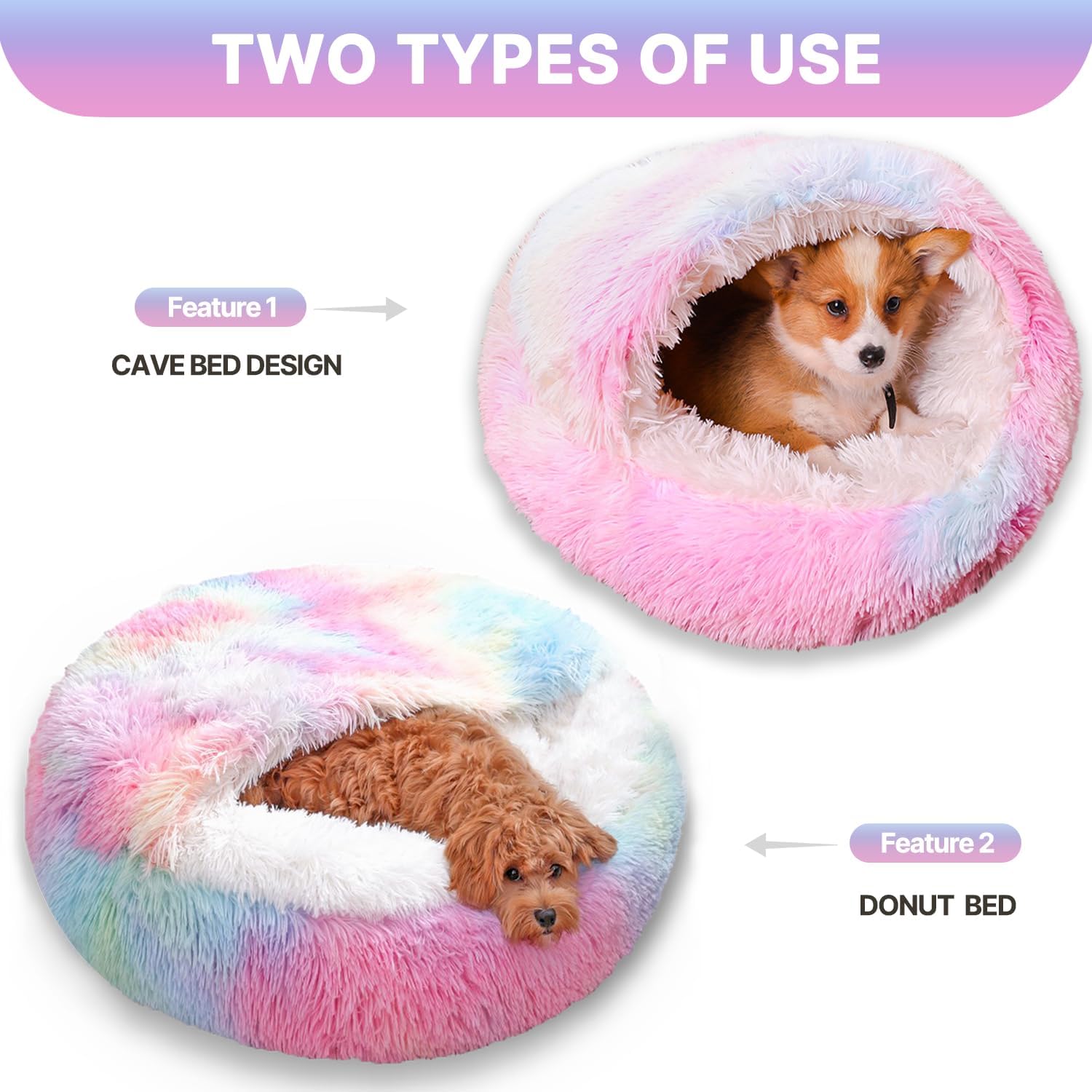 Detalle 2 de YIGAARUI Calming Dog Bed Fluffy Plush Pet Bed for Pets Under 10kg – Large Cave Design, Washable and Non-Slip Bottom (65 cm & 50 cm)