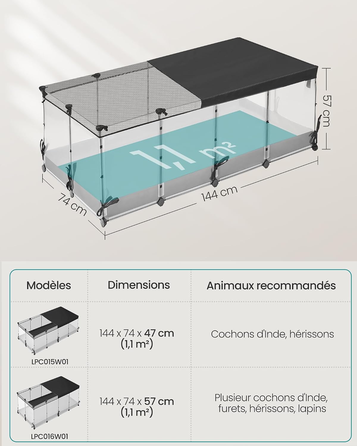 Detalle de SONGMICS Parc Enclos LPC016W01 — Enclos pour Petits Animaux 144 x 74 x 57 cm, Blanc Nuage