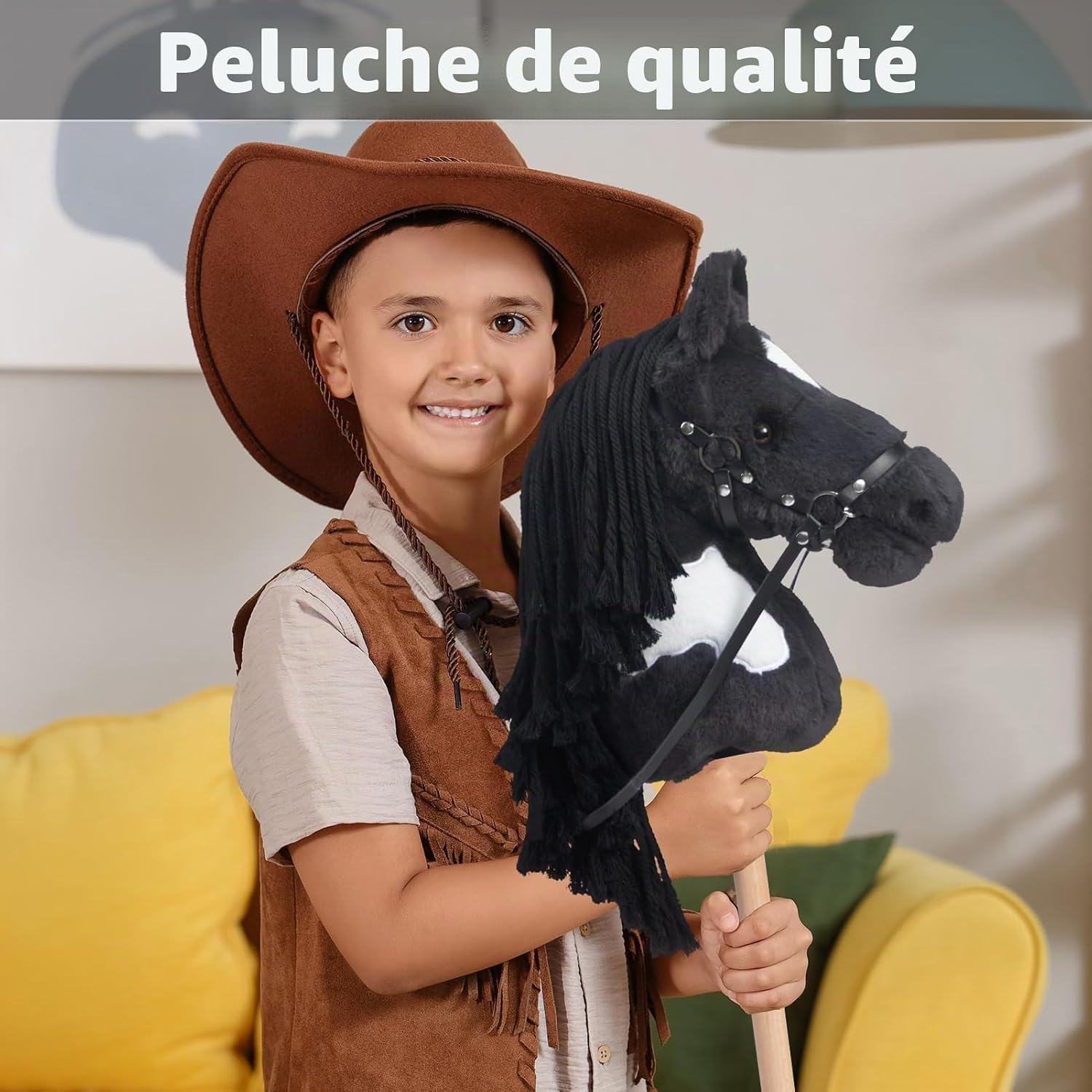 Thumbnail 2 de BEJOY Cheval de bataille – Jouet en peluche sur bâton (gris) avec licol et longe