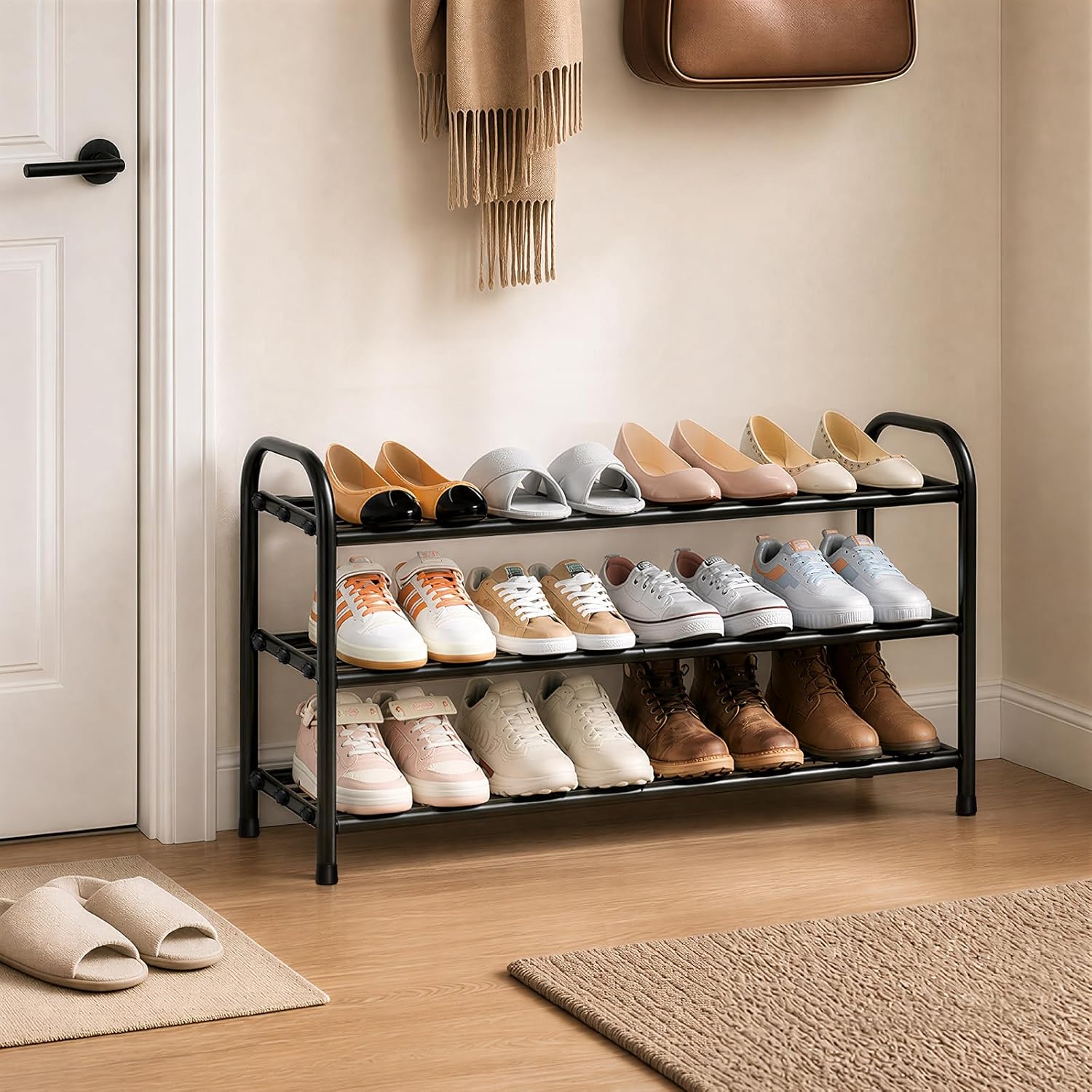 Detalle de MIKVOYO uitschuifbaar schoenenrek, 3 niveaus, zwart metaal, 45–80 cm