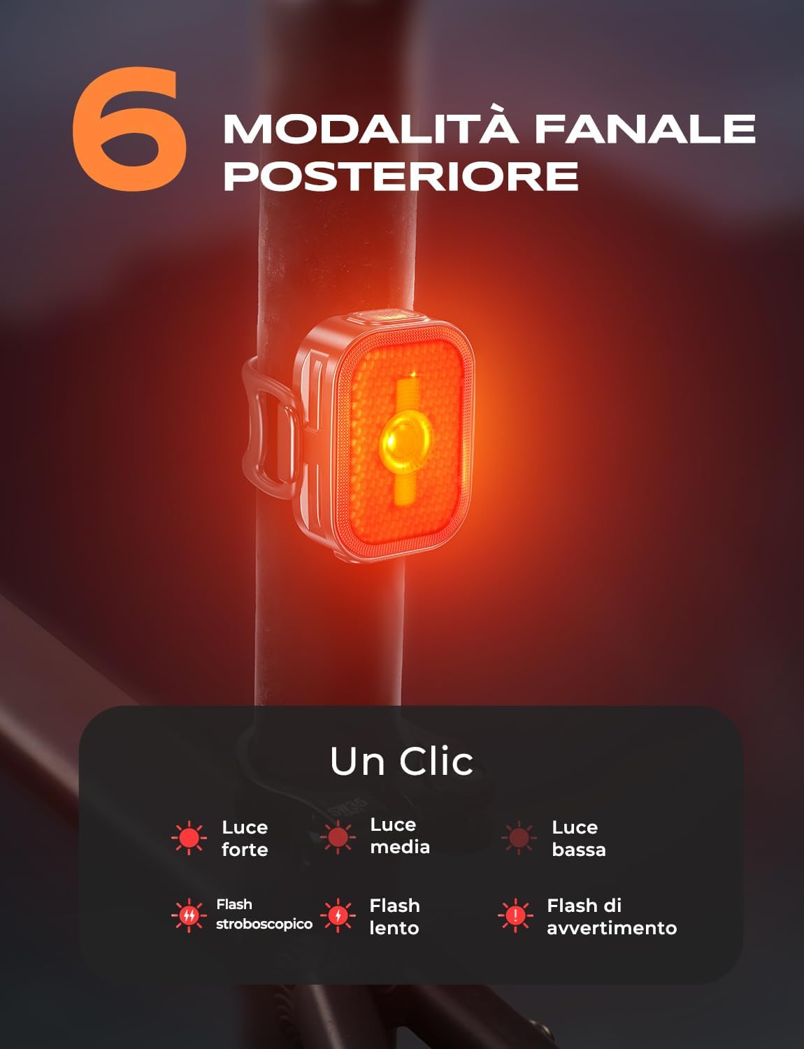 Detalle 2 de EOIWUY Luci bicicletta 2-in-1 ricaricabile USB-C 8+6 modalità