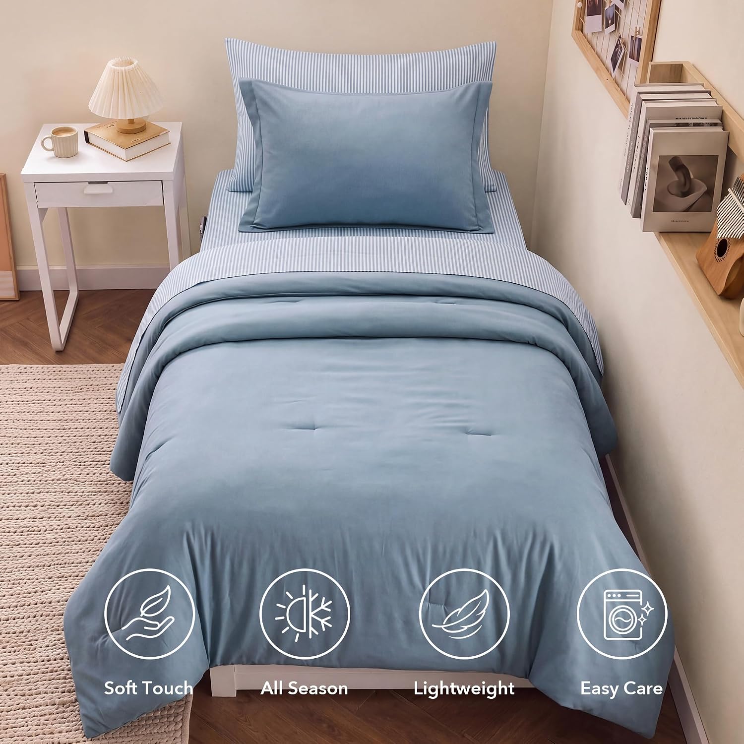 Detalle 2 de Monbix Prewashed Comforter Set, Twin XL 5-Piece Bedding in Dusty Blue
