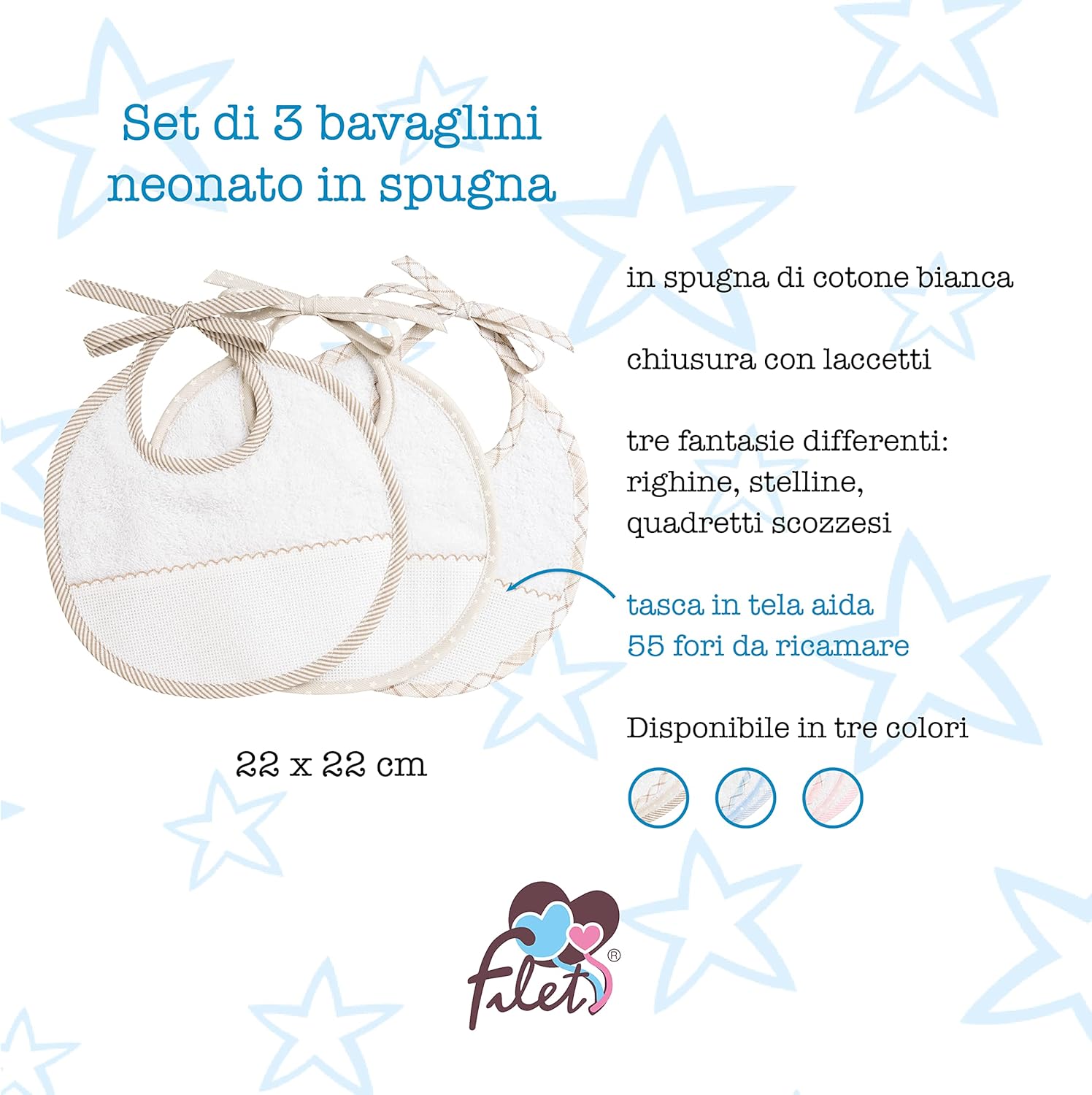 Thumbnail 2 de Filet - Set da 3 bavaglini neonato da ricamare, Made in Italy