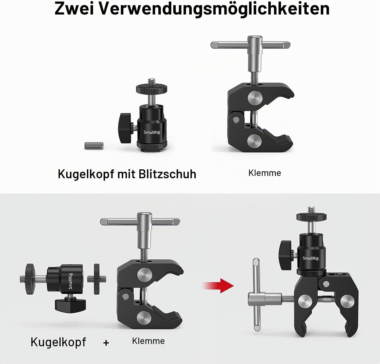 Detalle 2 de SmallRig Super Clamp Mount mit Mini-Kugelkopfhalterung und Blitzschuhadapter (1/4-Zoll) für Monitor/LED/Blitz/Mikrofone