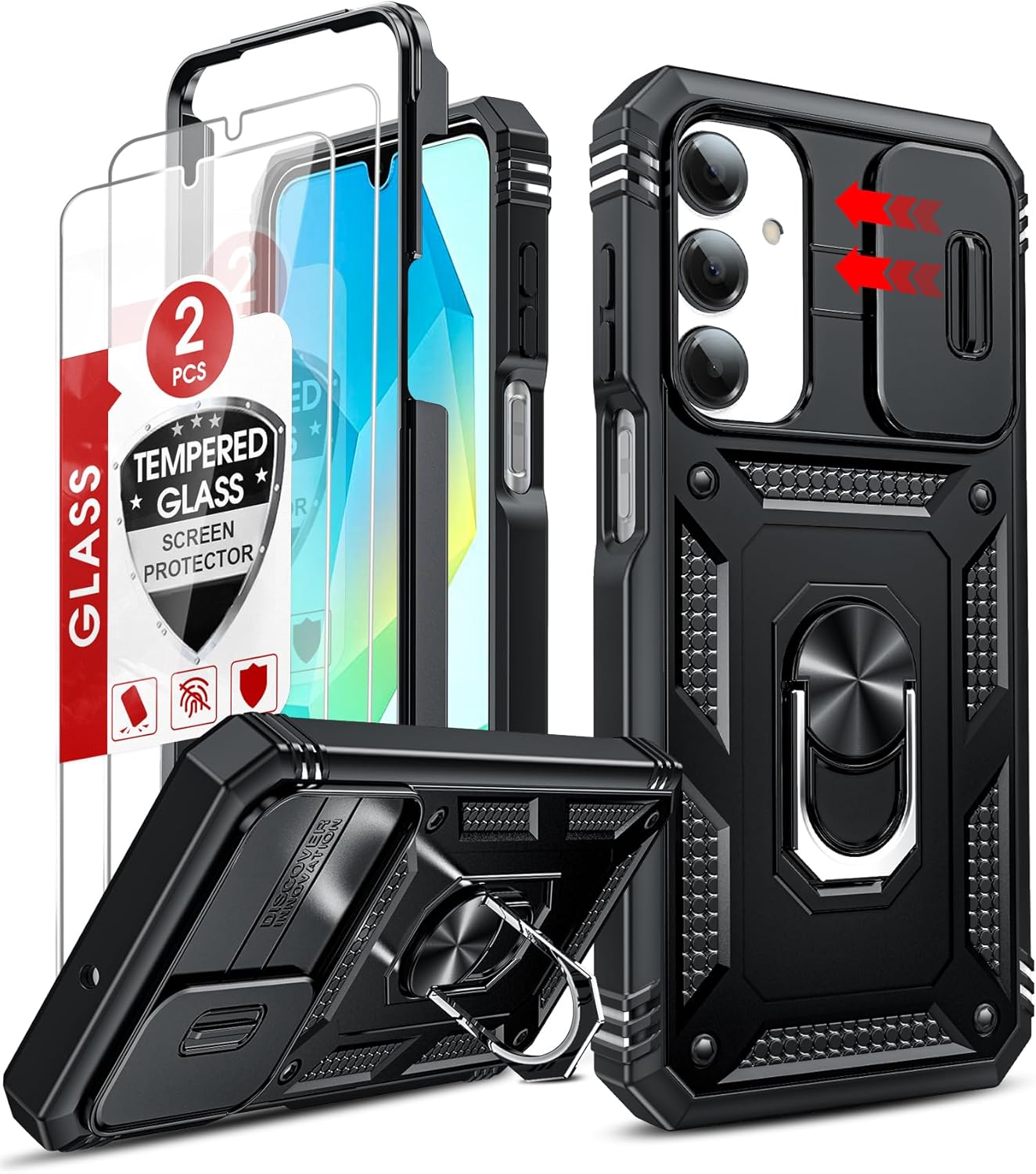 Detalle de LeYi Military Armour Phone Case for Samsung Galaxy A16 4G/5G with Camera Lens Slide & 360 Ring Stand + 2 Screen Protectors
