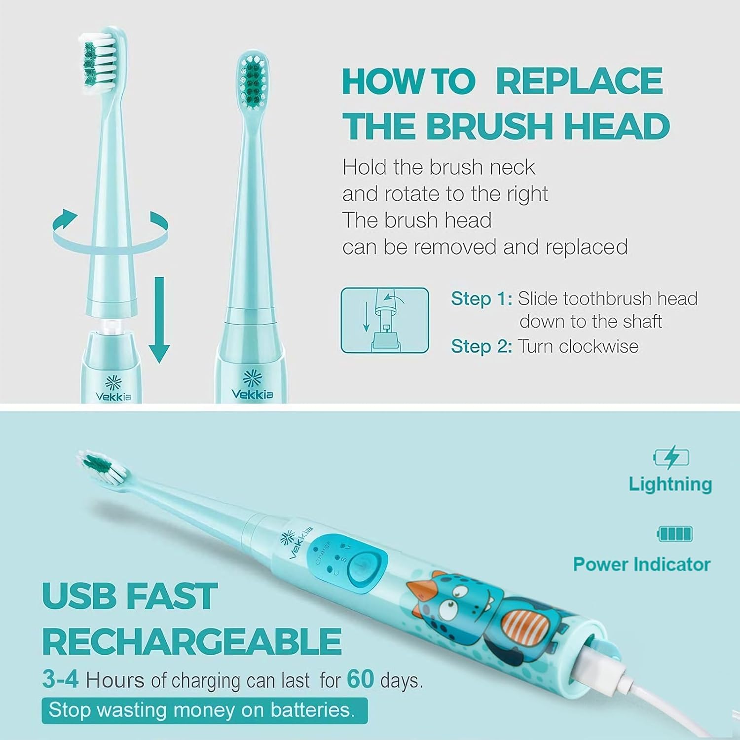 Thumbnail 5 de Vekkia Sonic Rechargeable Kids Electric Toothbrush (IPX7, 3 Modes, 2-Min Timer, 24000 Strokes) — Blue