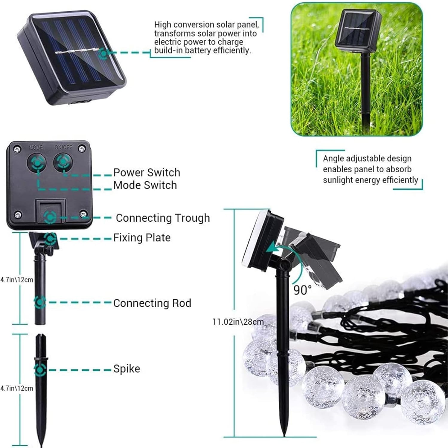 Thumbnail 5 de Moxled Solar Garden Lights Outdoor: 56ft 100 LED Crystal Ball String Lights (White)