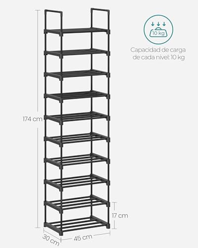 Detalle de SONGMICS DEKY LSA25BK, zapatero metálico de 10 niveles, negro