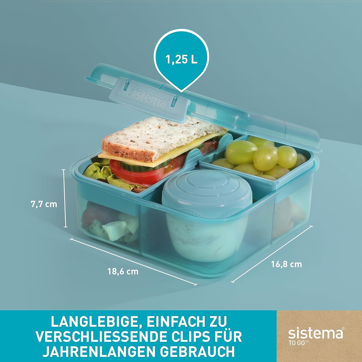 Thumbnail 2 de Sistema Bento Box Ocean Bound Plastic Brotdose mit Fächern – 1,25 l Lunchbox türkis inklusive 150 ml Joghurtbehälter