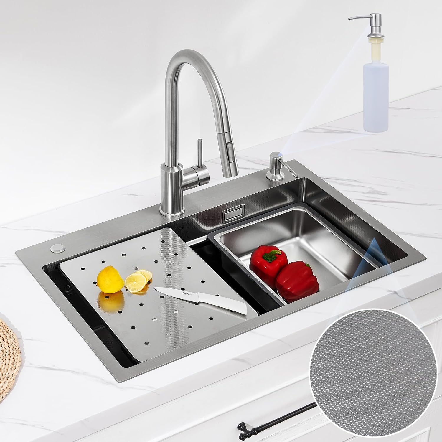 CECIPA Lavandino Cucina 70x45 cm in acciaio inox con 1 vasca, dispenser sapone e tagliere