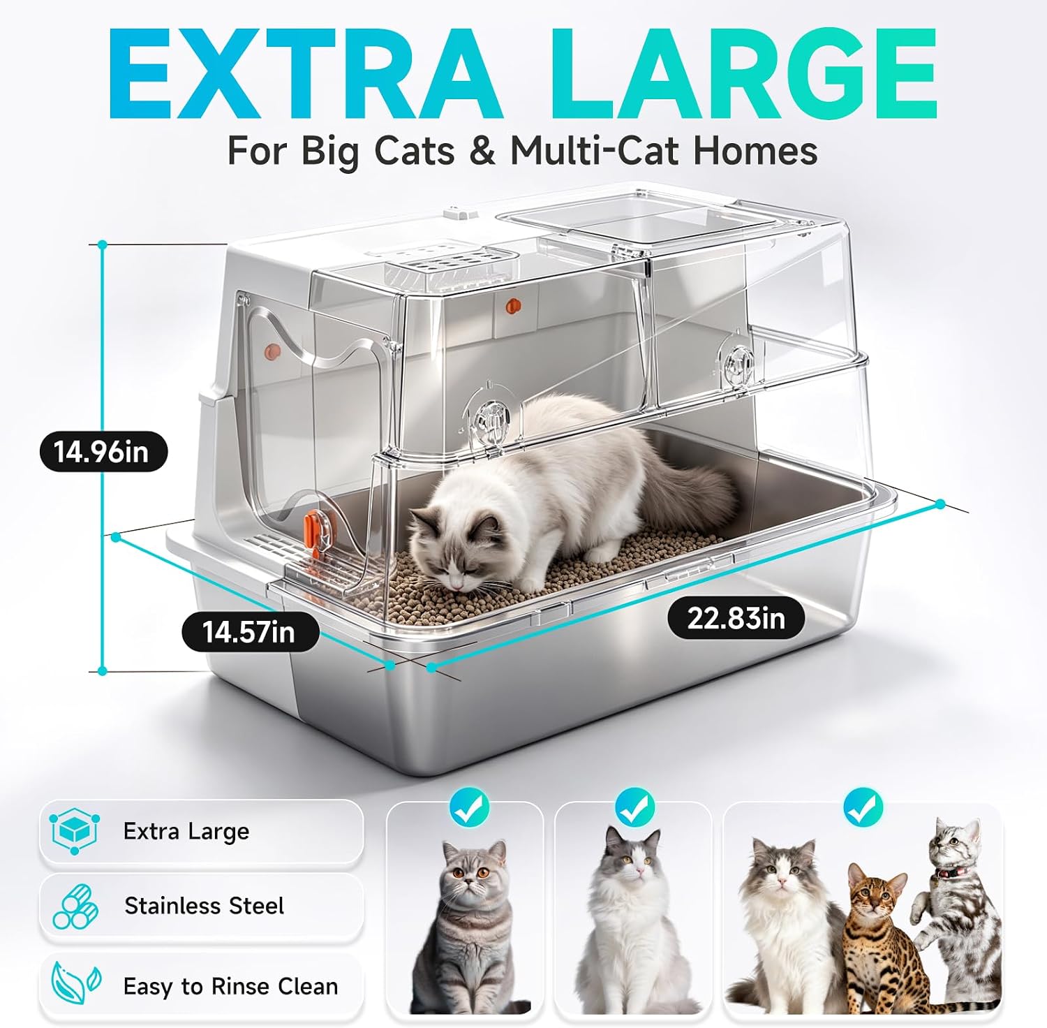Detalle 2 de OneBug MSP-XC-W605-Grey Convertible Cat Litter Box with Stainless Steel Pan