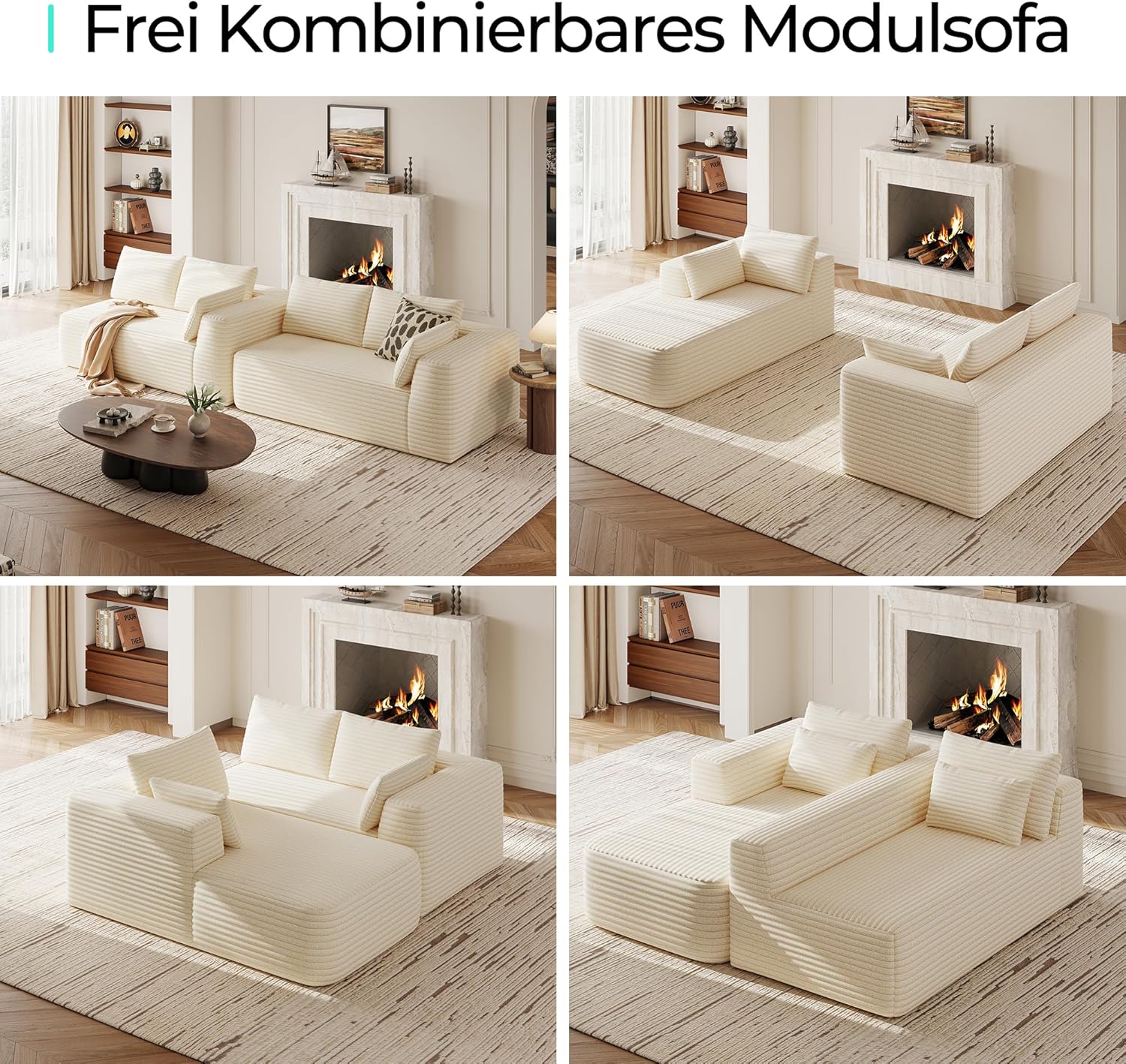 Detalle 2 de LINSY HOME Ecksofa mit Schlaffunktion (270 cm) aus Corduroy, L-Form mit Ottomane und modularen Segmenten – beige