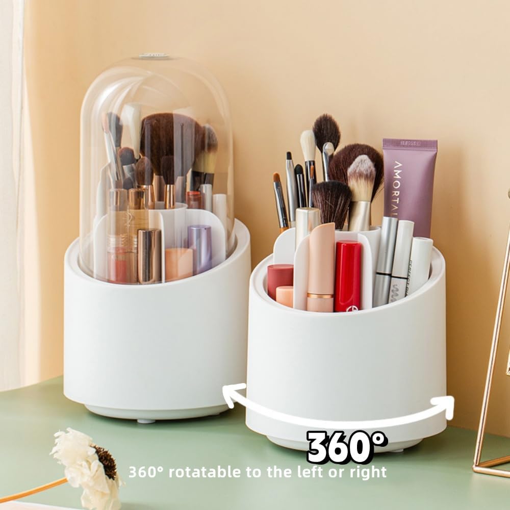 Detalle de Fantasee 360° Rotating Makeup Brush Organizer – 7 Compartment, White Cylindrical with Transparent Dustproof Cover