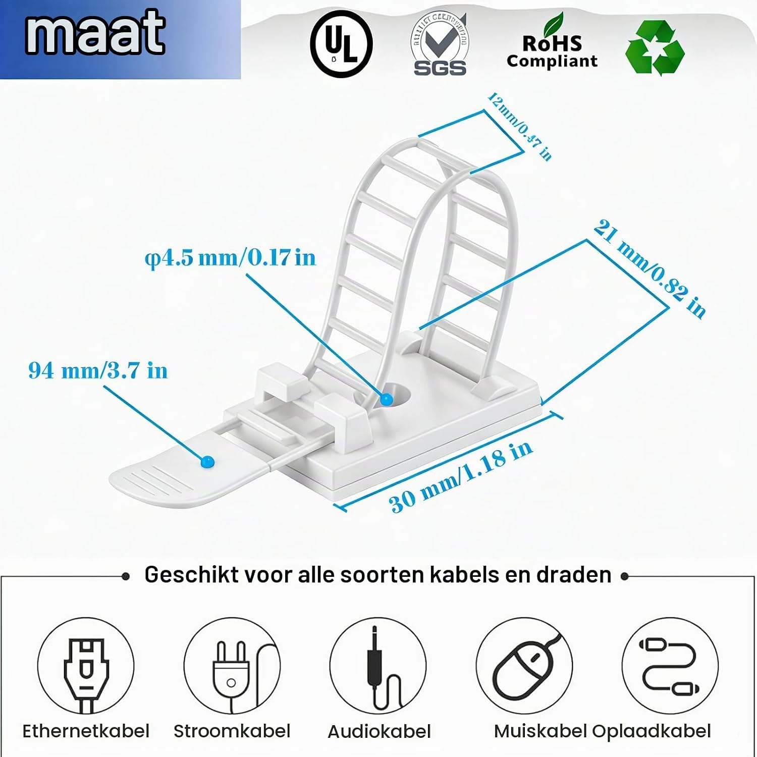 Detalle 2 de KLJ CL3 zelfklevende kabelclips, wit, verstelbaar en herbruikbaar, 50 stuks