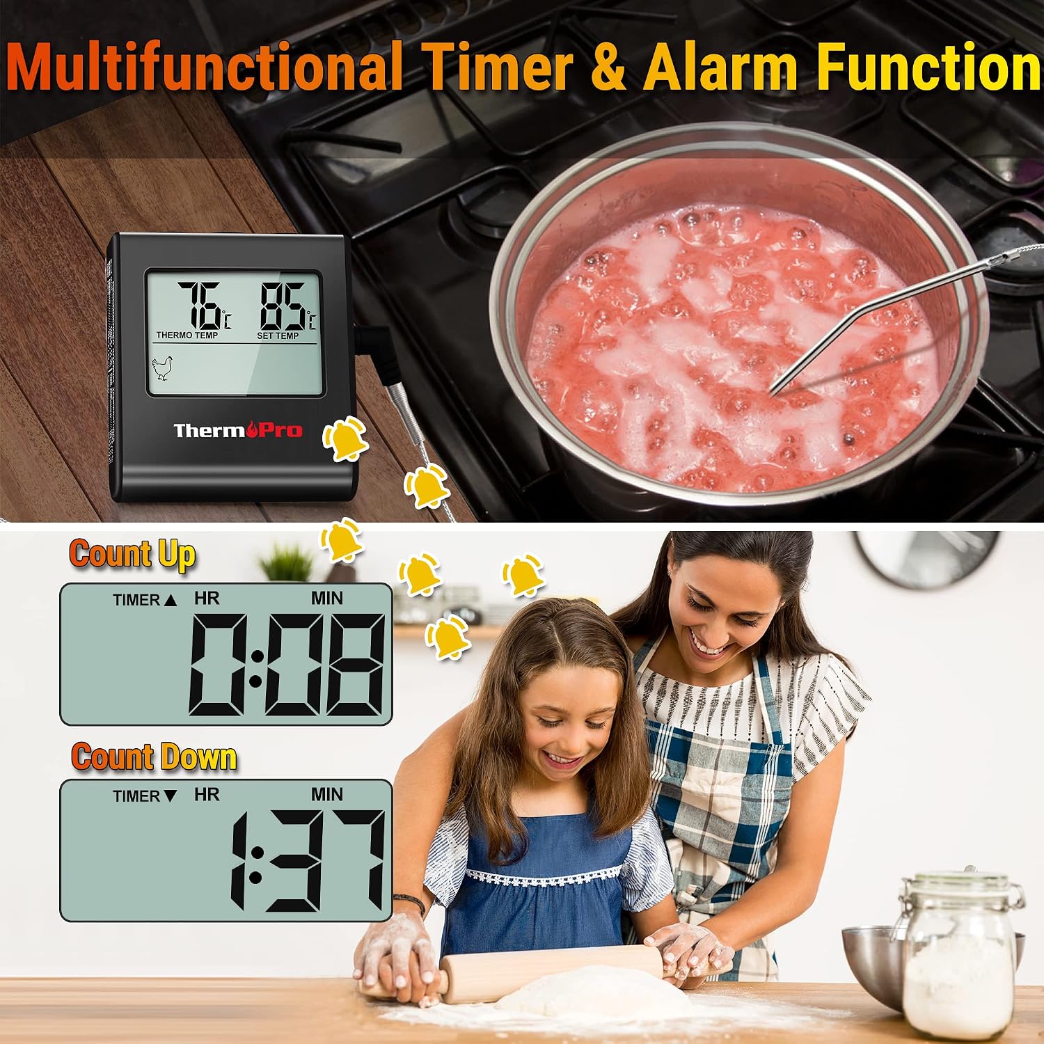 Detalle de ThermoPro TP16B termometro da cucina digitale con ampio display LCD, timer e sensore in acciaio inox
