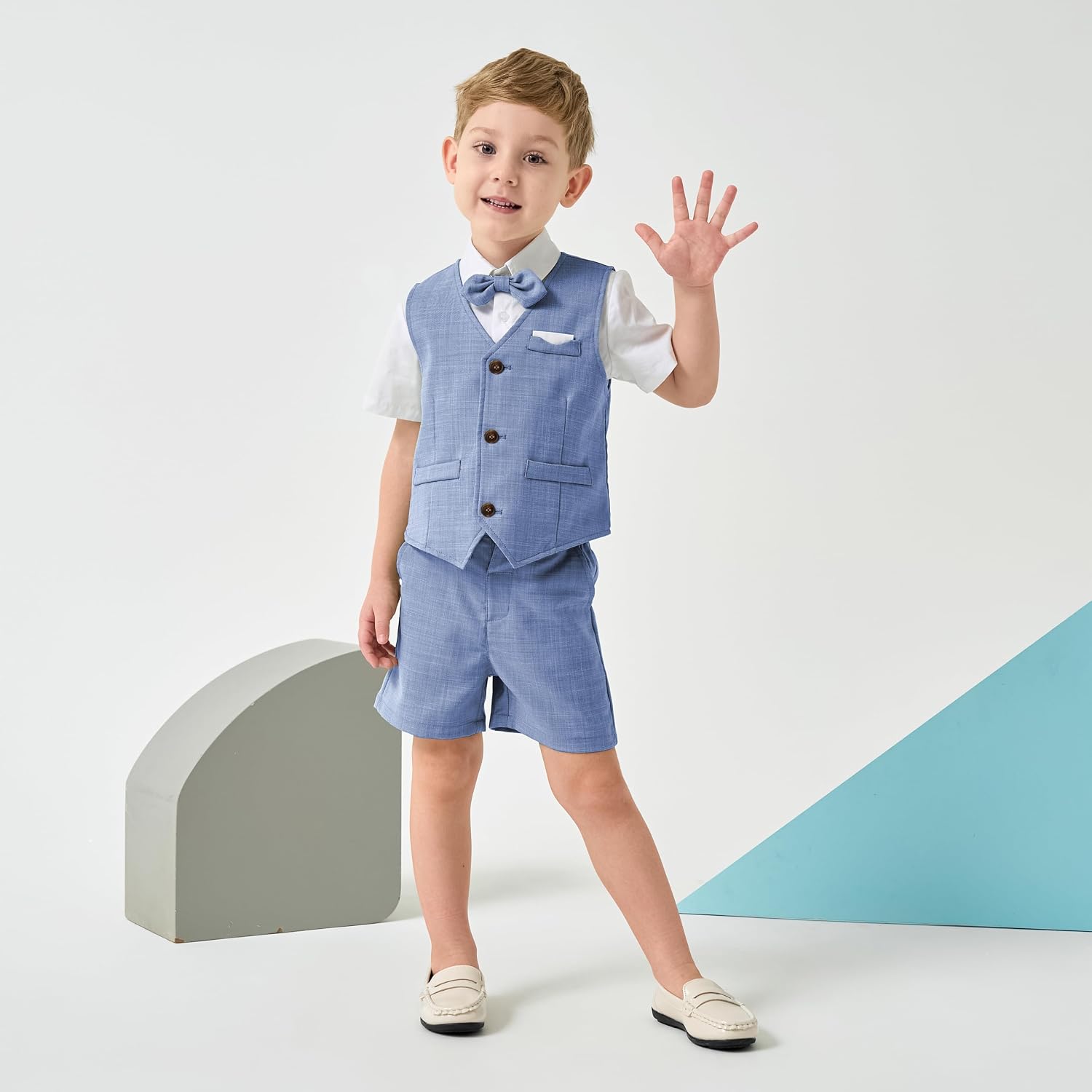 Thumbnail 1 de Volunboy 4-Pieces Baby Boys Summer Wedding Suit – Short Sleeve Shirt, Detachable Bow Tie, Vest & Shorts