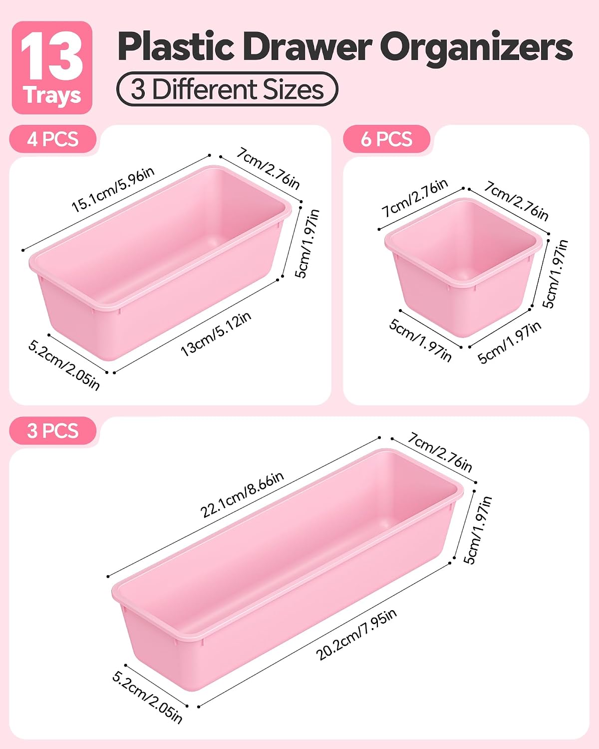 Detalle de Canfanni PINK 13-Piece Plastic Drawer Organizer Set, 3 Sizes, Pink