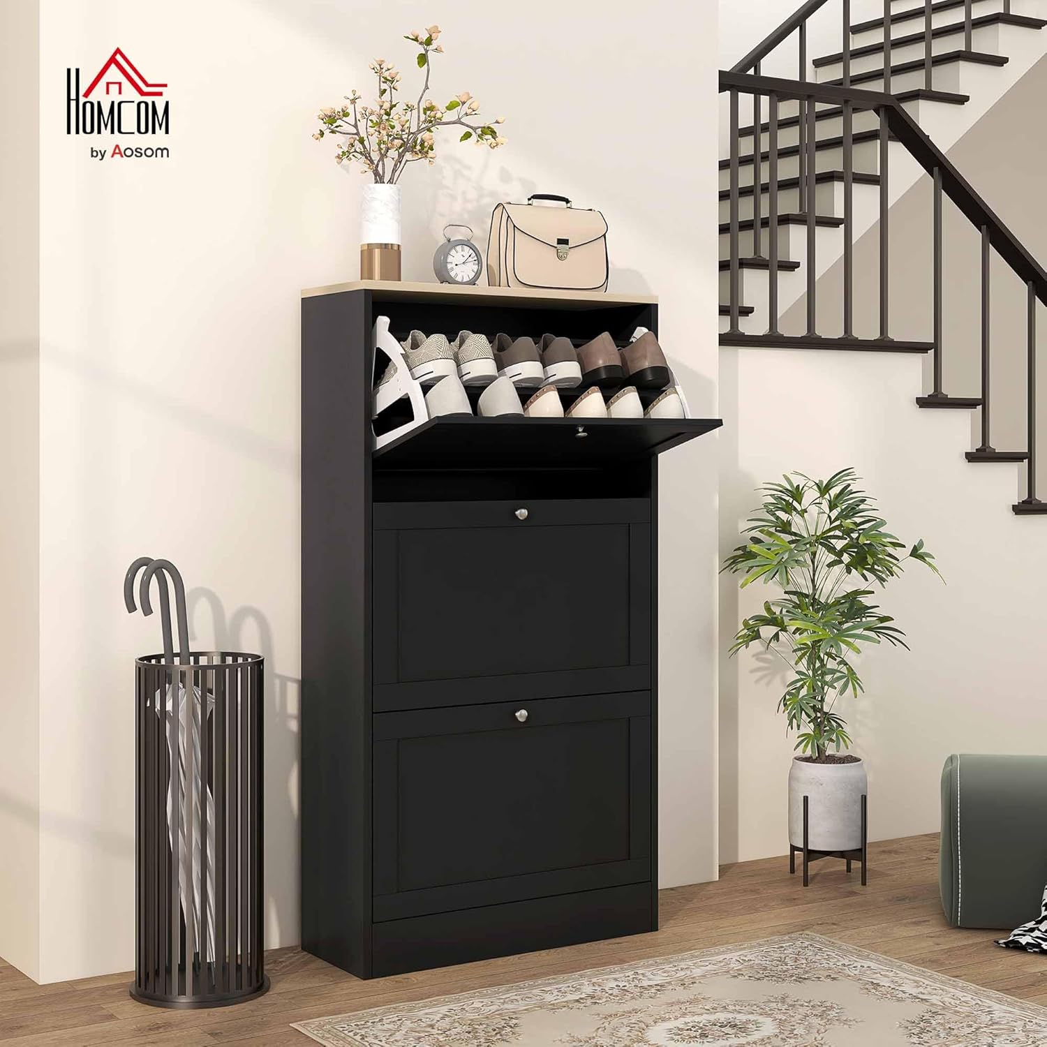 Thumbnail 1 de HOMCOM Meuble à Chaussures 18 Paires – Armoire étroite noire avec 3 tiroirs rabattables et étagères réglables