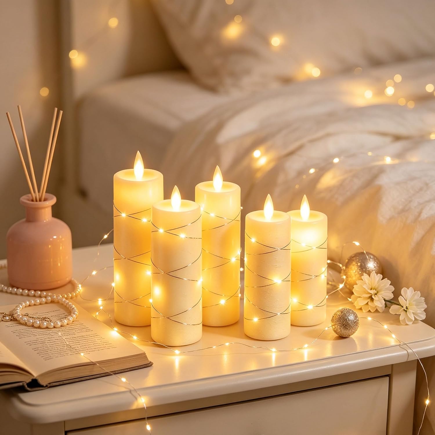 Detalle de Da by 5 Candele LED Avorio in Cera Naturale – Set 5 altezze assortite con telecomando