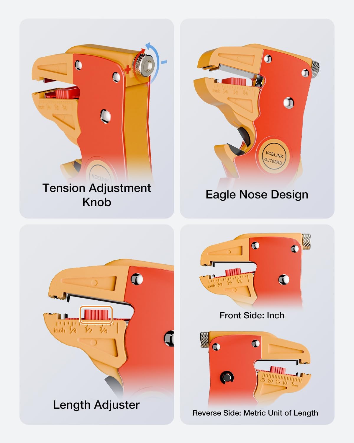 Detalle 2 de VCELINK Automatic Quick Wire Stripper and Cutter (7 Inch) for 14–24 AWG Cables with Eagle Nose