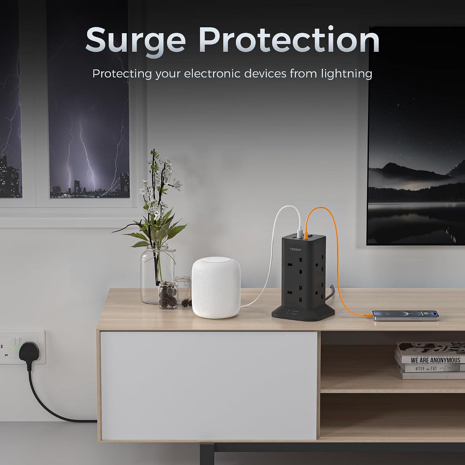 Detalle 2 de TESSAN Tower Black 8-Way Extension Lead with USB-C and USB-A Ports (2m) — Surge Protected