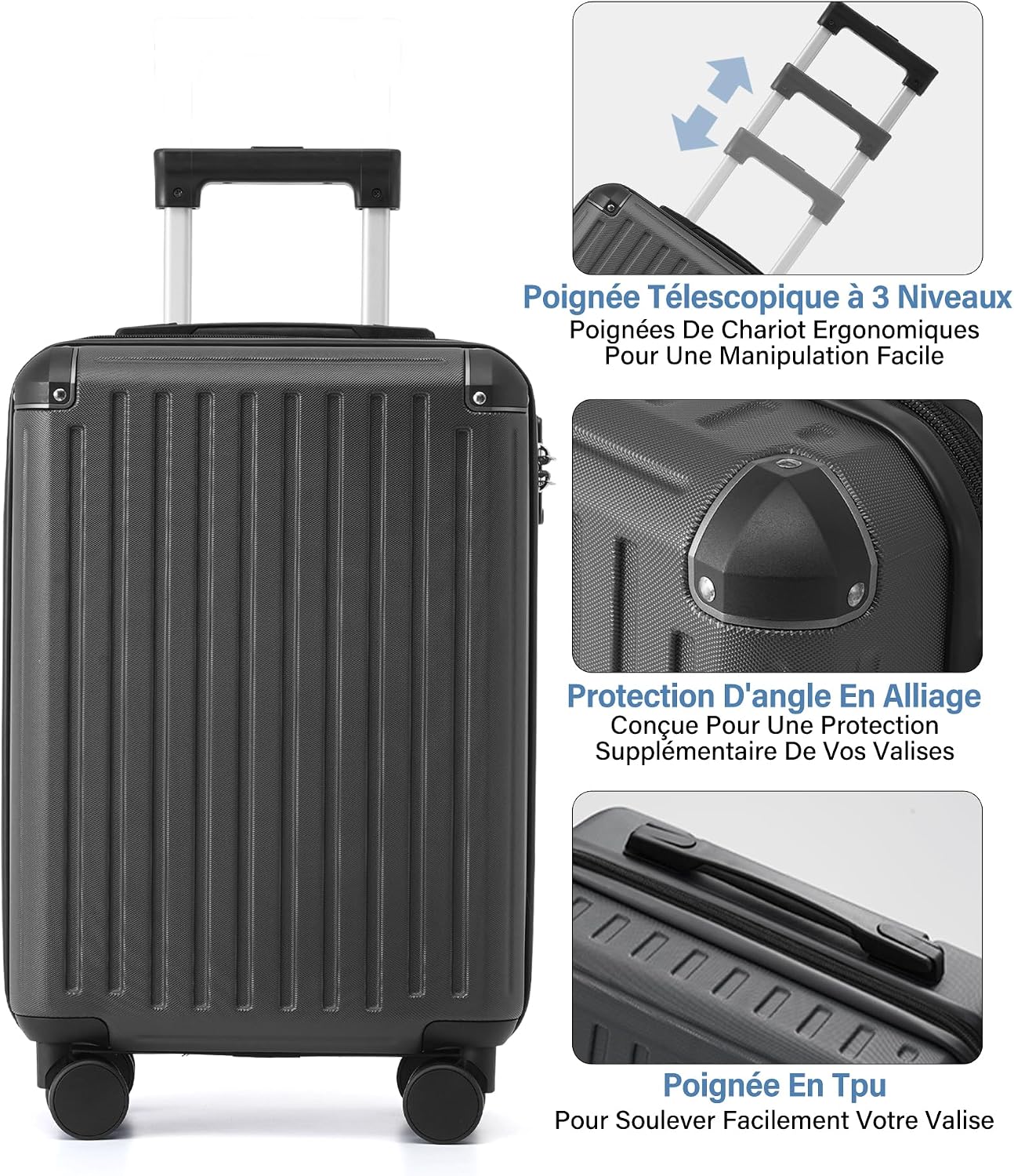 Detalle de COOLIFE Valise cabine 55x40x20 cm – rigide PC+ABS, TSA, 4 roulettes – Blanc