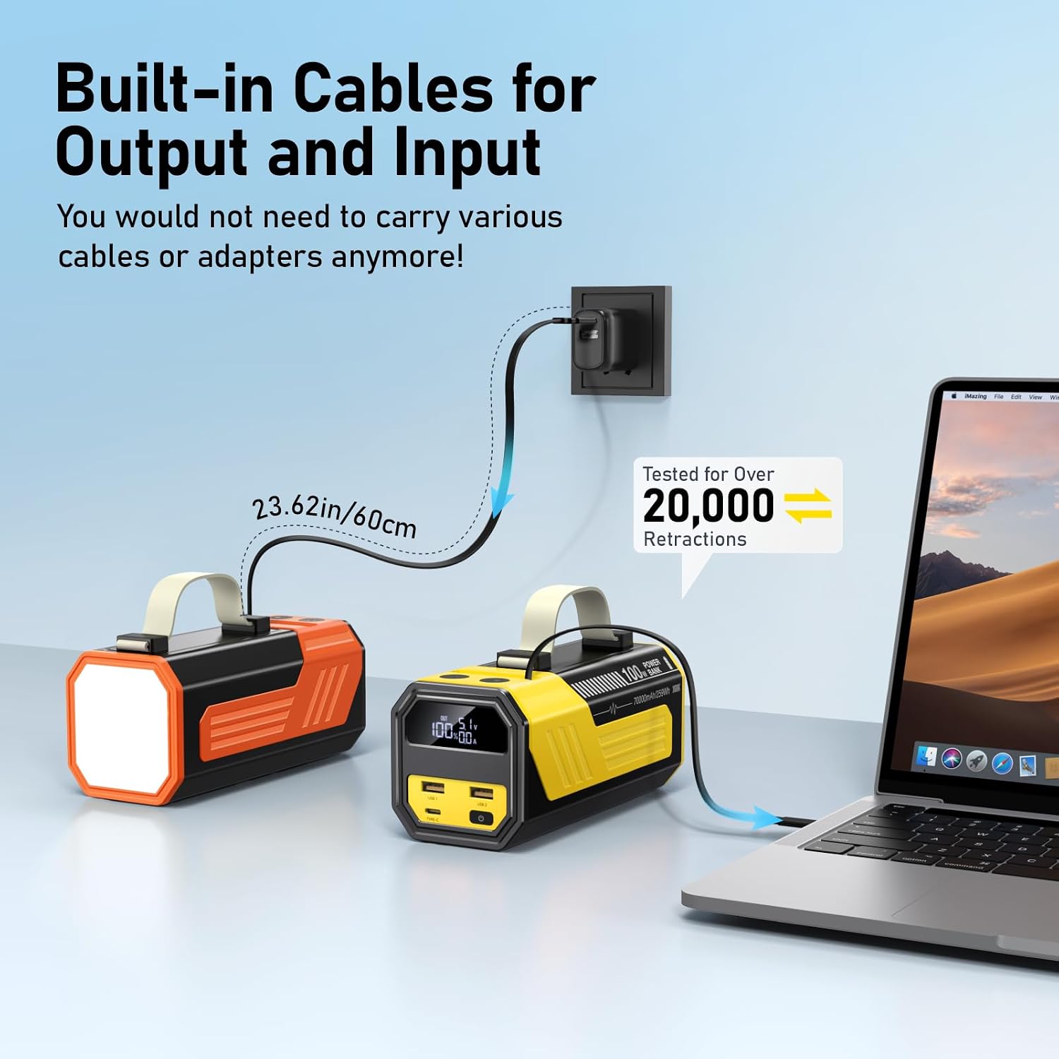 Detalle de CUZAR 70000mAh Batterie Externe 100W pour Ordinateur Portable — Puissance élevée et câble USB-C rétractable